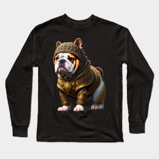 Badass Bulldog Puppy in Golden Chainmail Armor and Helmet Long Sleeve T-Shirt